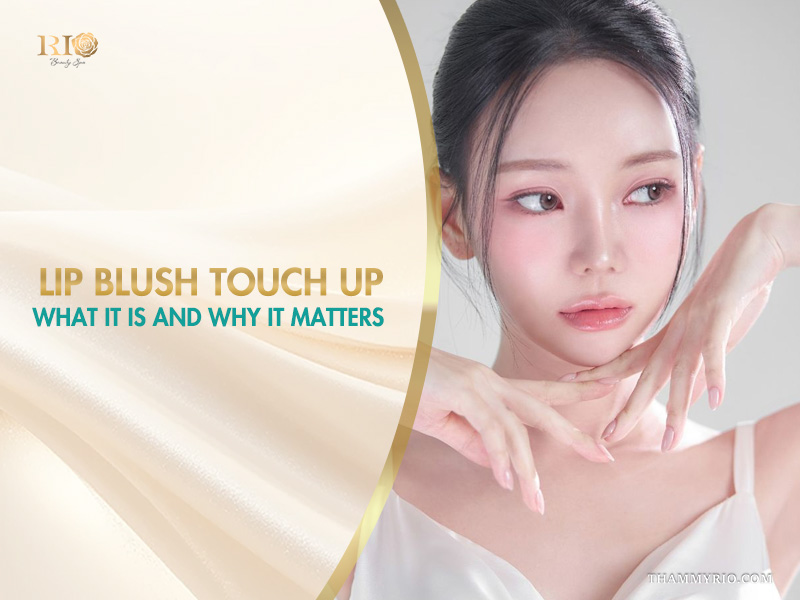 Model showing professional lip blush touch up results at Rio Beauty Spa.