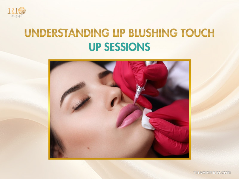 Close-up of a professional performing a lip blush touch up session on a client.