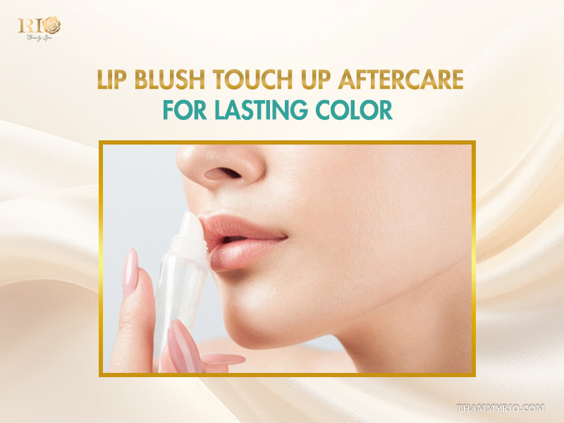 A woman applying moisturizing balm as part of lip blush touch up aftercare.