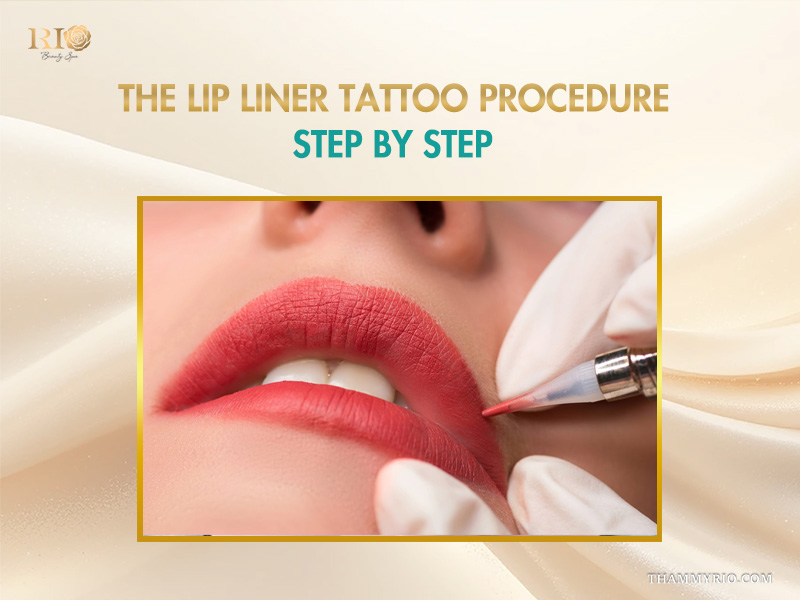 Detailed step-by-step process of a red lip liner tattoo application.