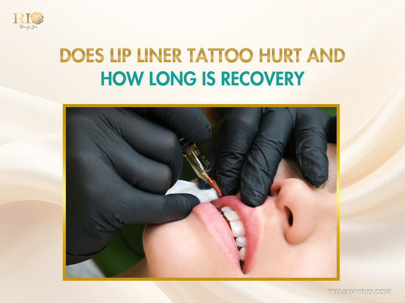 Professional performing a lip liner tattoo while addressing pain concerns and recovery time.