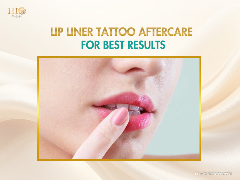 Client touching her healthy lips after following lip liner tattoo aftercare.