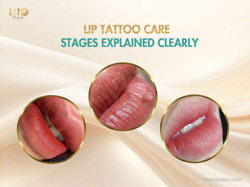 Three stages of lip tattoo care showing the healing process from swelling to peeling.
