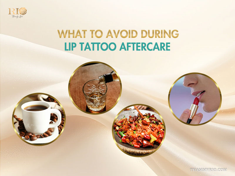Infographic of food and drinks to avoid for effective lip tattoo care.