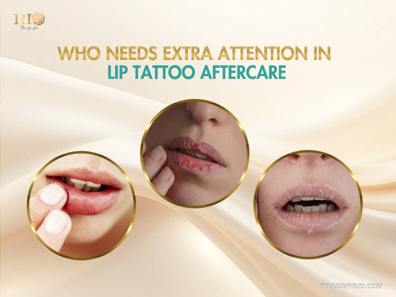Comparison of dry and peeling lips needing specialized lip tattoo care after treatment.