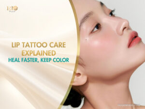 Model with pink healed lips showcasing professional lip tattoo care results.