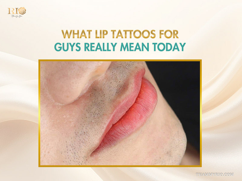 Close-up of natural pink lip tattoos for guys demonstrating modern permanent makeup results for men.