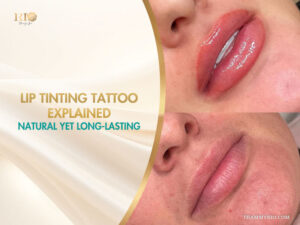 Close-up comparison of lips before and after a lip tinting tattoo procedure for a natural look.
