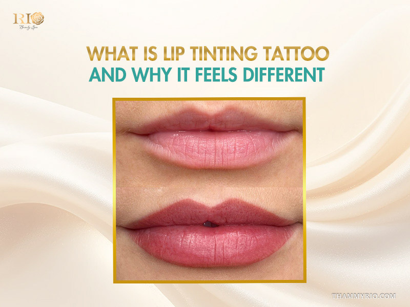 Comparison of natural lips and lips after a lip tinting tattoo showing enhanced color and definition.