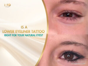 Comparison of a woman's eye before and after a lower eyeliner tattoo procedure for a natural look.