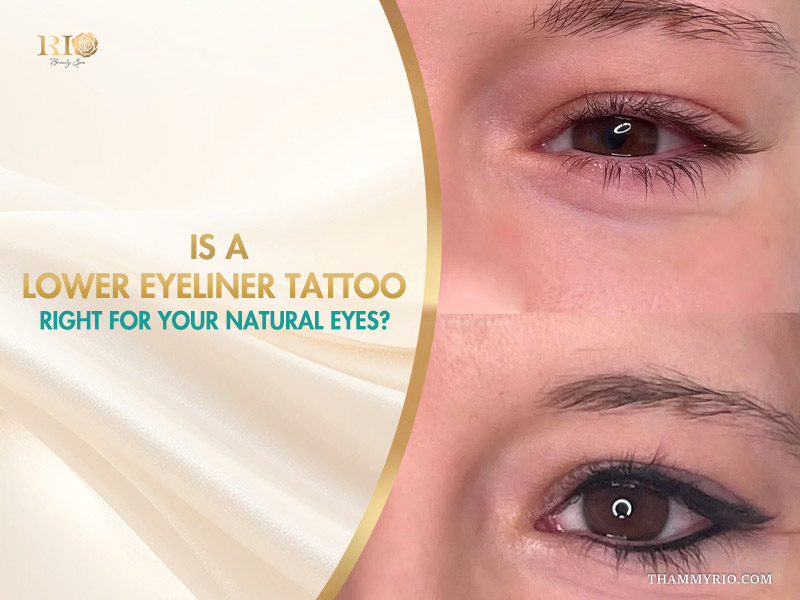 Comparison of a woman's eye before and after a lower eyeliner tattoo procedure for a natural look.