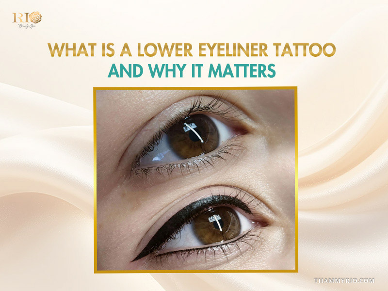 Close-up comparison of a natural eye versus an eye with a professional lower eyeliner tattoo for enhanced definition.
