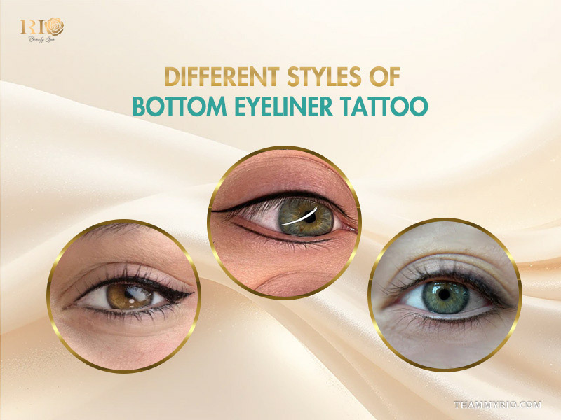 Three different styles of lower eyeliner tattoo shown on diverse eye shapes and colors.