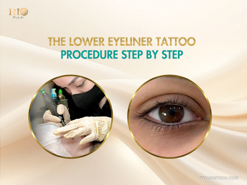 A technician performing a lower eyeliner tattoo procedure alongside a close-up of the finished result.