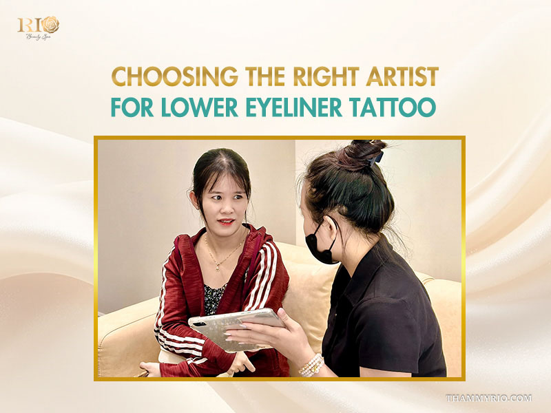 A client receiving a professional consultation for a lower eyeliner tattoo at Rio Beauty Spa.