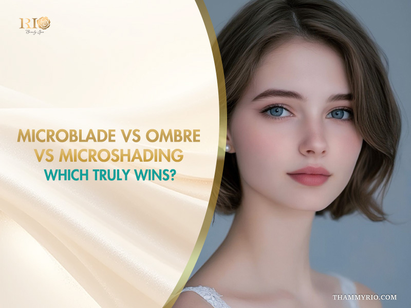Comparison of microblade vs ombre and microshading eyebrow techniques on a woman with natural brows.