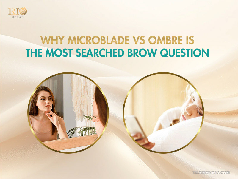 Microblade vs ombre vs microshading: Which truly wins? 2 A woman looking in the mirror and searching on her phone for microblade vs ombre brow differences.