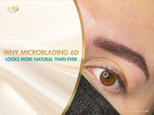 Close up of a detailed eyebrow hairstroke created by microblading 6D technique at Rio Beauty Spa.