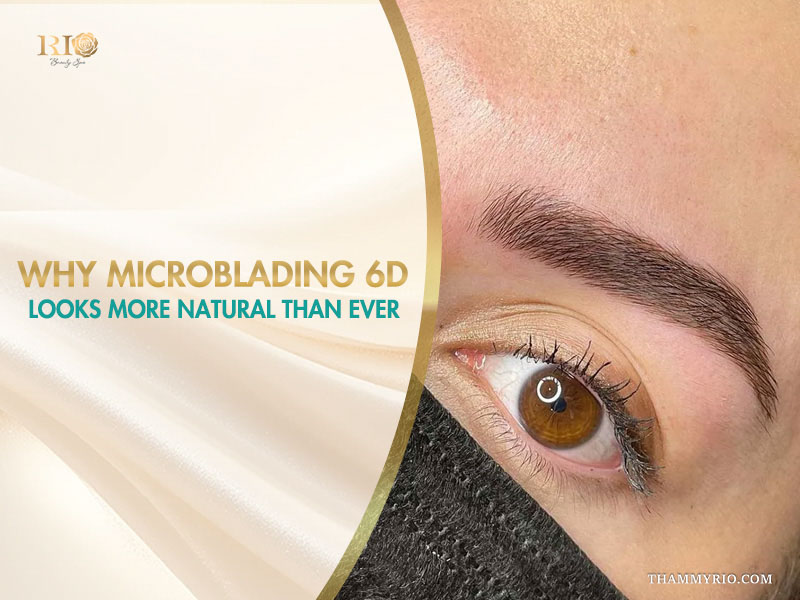 Close up of a detailed eyebrow hairstroke created by microblading 6D technique at Rio Beauty Spa.