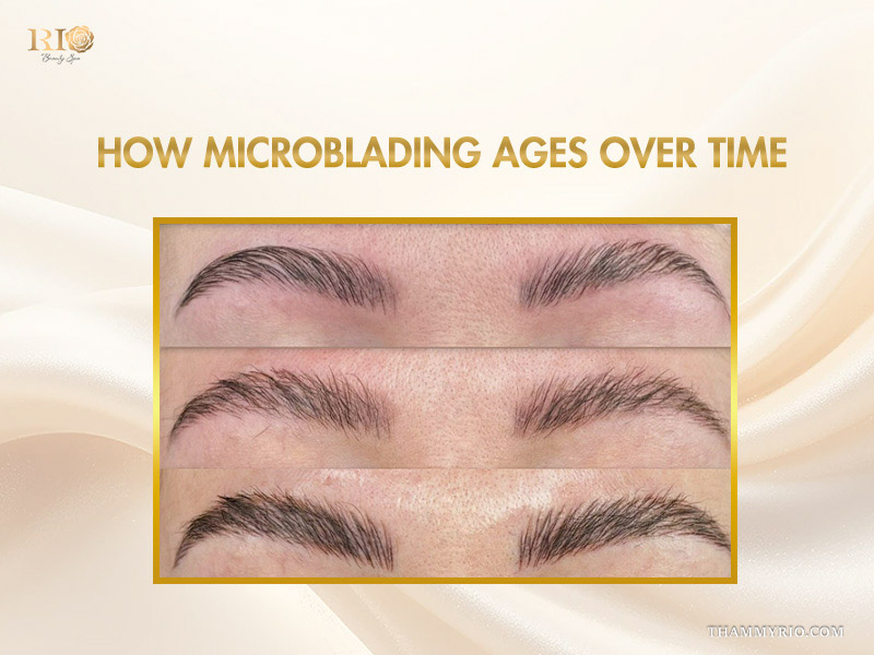 Close-up comparison showing how microblading ages over time with natural fading.