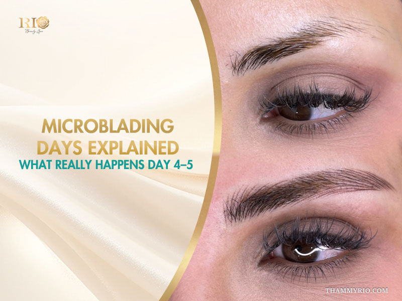 Microblading days 4-5 healing process showing before and after eyebrow transformations.