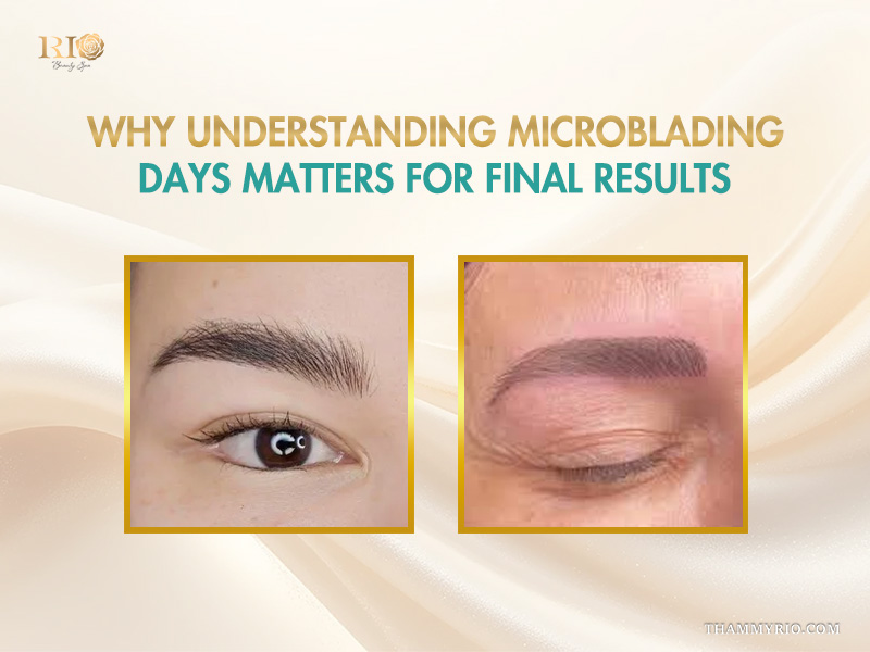 Comparison of microblading days healing stages showing initial strokes versus healed results.
