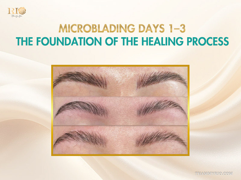 Close up of eyebrow healing during microblading days 1 to 3 showing the foundation of the healing process.