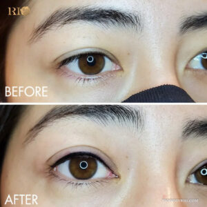Before and after comparison of microblading eye liner showing a more defined and open eye look.