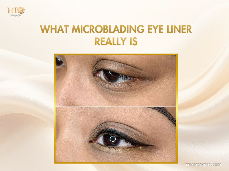 Before and after comparison of microblading eye liner showing enhanced eye definition and depth.