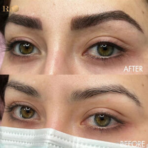 Before and after comparison of microblading eye liner for defined eyes and perfect brows.