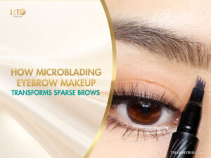 Professional microblading eyebrow makeup tool creating hair-like strokes on sparse brows.
