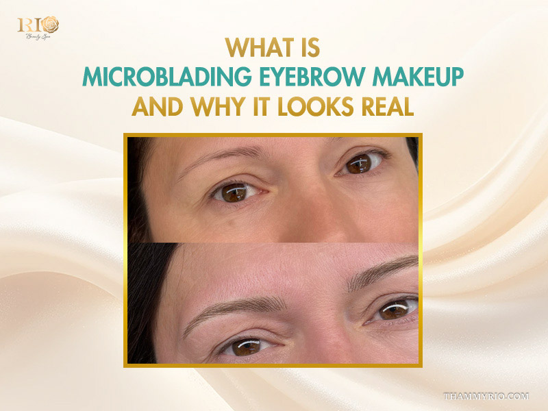 Before and after comparison of microblading eyebrow makeup showing realistic hair strokes.