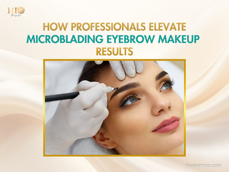 A professional technician performing microblading eyebrow makeup on a client for enhanced definition.