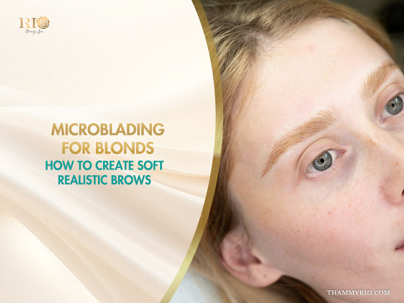 Close-up of a blond woman featuring natural-looking microbladed eyebrows with soft, realistic strokes by Rio Beauty Spa.