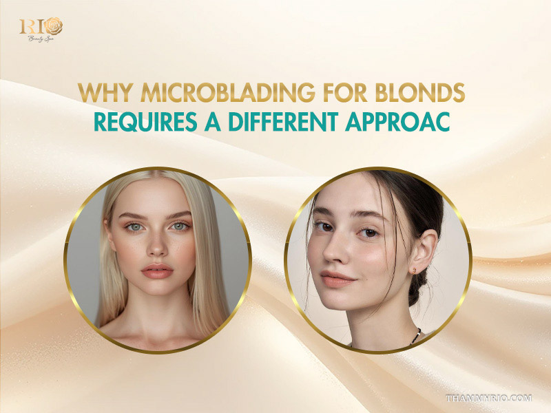 Professional comparison showing microblading for blonds results versus darker hair tones to highlight specialized technique.