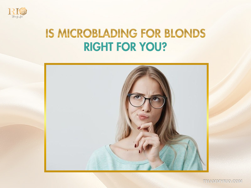 A thoughtful blond woman wearing glasses considering microblading for blonds at Rio Beauty Spa.