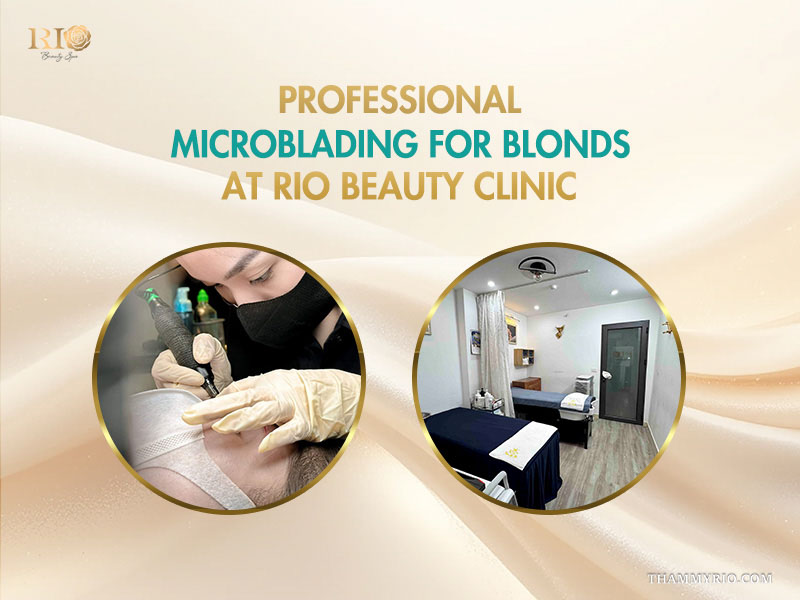 A professional artist performing microblading for blonds and a clean treatment room at Rio Beauty Clinic.