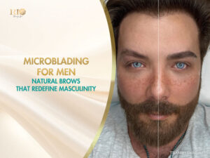 Before and after comparison of microblading for men showing natural brow enhancement at Rio Beauty Spa.