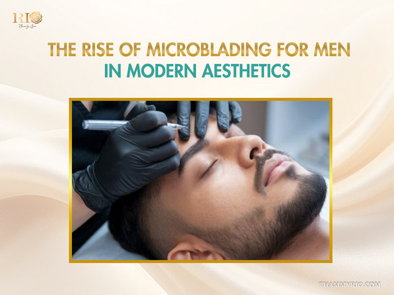 Professional microblading for men procedure showing eyebrow enhancement at Rio Beauty Spa.