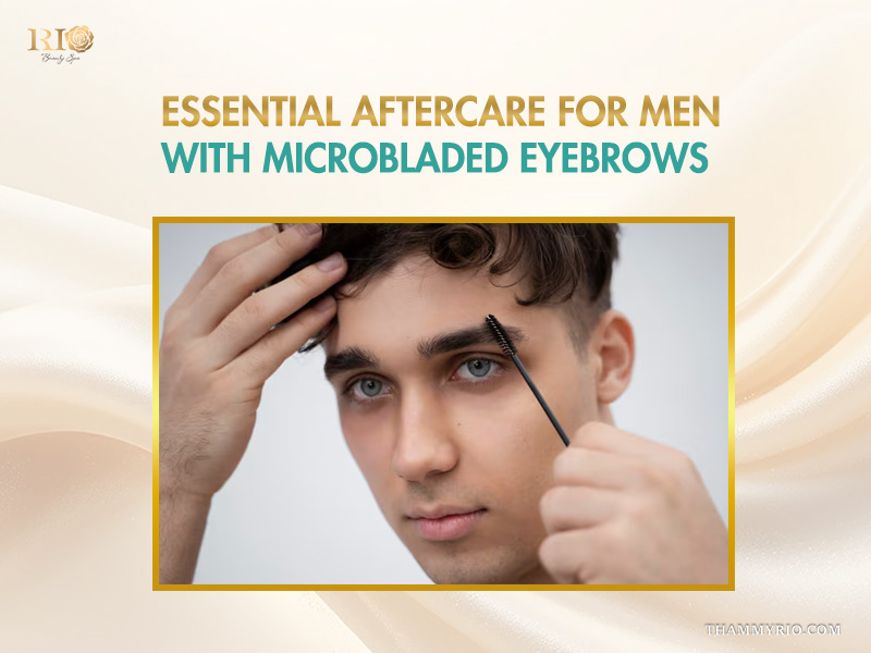 A man grooming his eyebrows as part of essential aftercare for men with microbladed eyebrows.