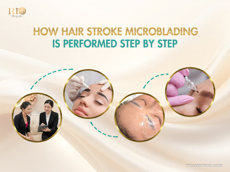 Professional steps of how hair stroke microblading is performed at a beauty spa.