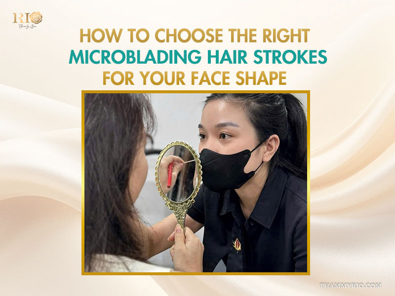 A professional technician consulting a client on how to choose the right microblading hair strokes for her face shape.