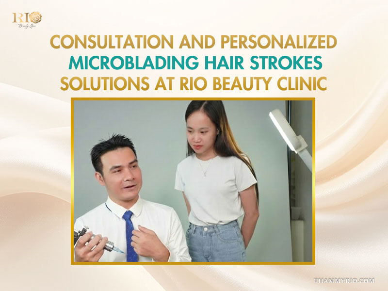 A male expert at Rio Beauty Clinic explaining personalized microblading hair strokes solutions and equipment to a client.