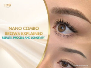 Close up of nano combo brows before and after results showing hairstrokes and shading.