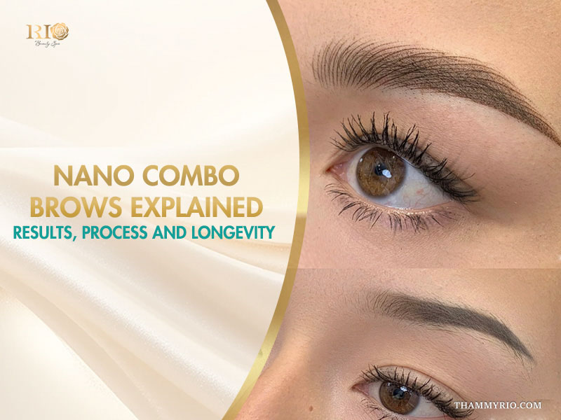 Close up of nano combo brows before and after results showing hairstrokes and shading.