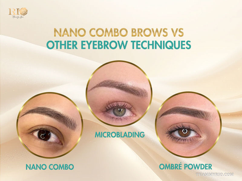 Comparison of nano combo brows vs microblading and ombre powder techniques.