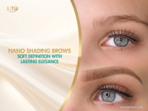 Model showing the natural results of nano shading brows before and after procedure.