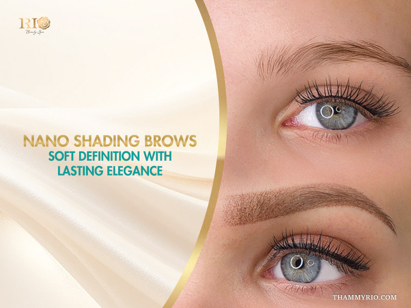 Model showing the natural results of nano shading brows before and after procedure.