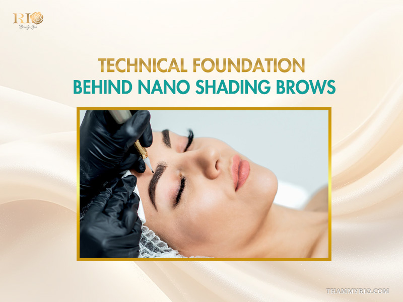 Professional technician performing nano shading brow procedure on a female client.