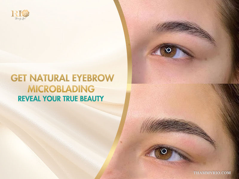 Before and after comparison of natural eyebrow fine strokes microblading at Rio Beauty Spa.